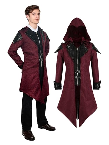 YORDET Giacca da uomo medievale cappotto con cappuccio gotico frack uomo cappotto vittoriano vintage con cappuccio halloween party carnevale cosplay abbigliamento (Rosso, L)
