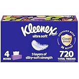 Kleenex Ultra Soft Facial Tissues, 4 Flat Boxes, 180 Tissues per Box, 3-Ply, Packaging May Vary