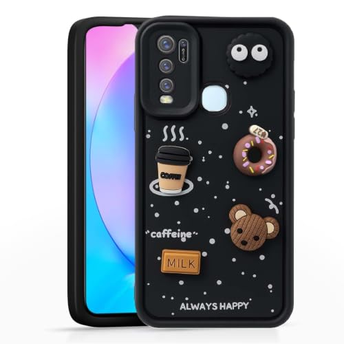 Image of Bintage Cute Fun Taddy Cartoon 3D Ball Bear Milk Donut Coffee Cup Silicon Case Full Body & Camera Protection Back Cover Compatible for Vivo Y50 - Black