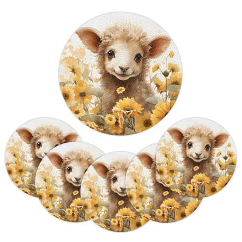 Mintoprints Juego de 6 manteles individuales redondos trenzados con diseño de girasol de oveja de 15 pulgadas, manteles individuales lavables para mesa de cocina y comedor