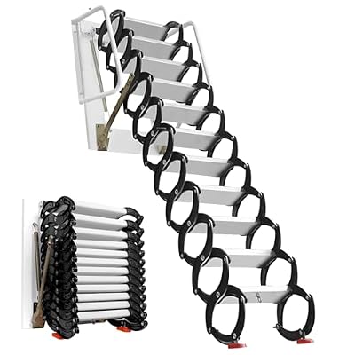 12 FT Attic Ladder Pull Down System, 12 Step 660 Lbs Al Mg Alloy Collapsible Ladder Pull Down Attic Ladder, Wall Mounted Folding Stairs for Attic Retractable Attic Stairs with Armrests