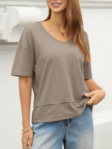 Image of UNCLECAT Womens V Neck T Shirts Summer Trendy Loose Fit Casual Tops Tees | Short sleeve, Spliced hem, Flowy graphic tees,Solid color cute basic t-shirts
