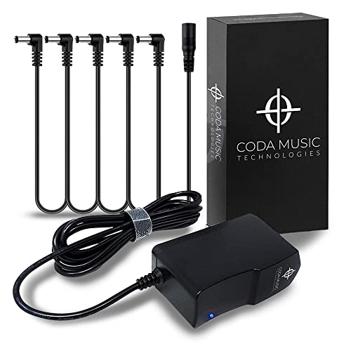 Coda 9V DC Guitar Pedal Power Supply (1.7A 1700mA) + 5 Way Daisy Chain - Center Tip Negative DC 9V Power Cord with Noise Reduction Filter - 9 Volt Regulated Pedalboard Adapter for Guitar Effects Pedal