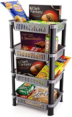 THEODORE Plastic Vegetable Trolley Rack for Kitchen Storage Vegetable Organizer, Vegetable Stand for Kitchen Storage Racks for Office,Kitchen,Living Room, Fruits Onion Potato Stand(4 Layer, Grey)
