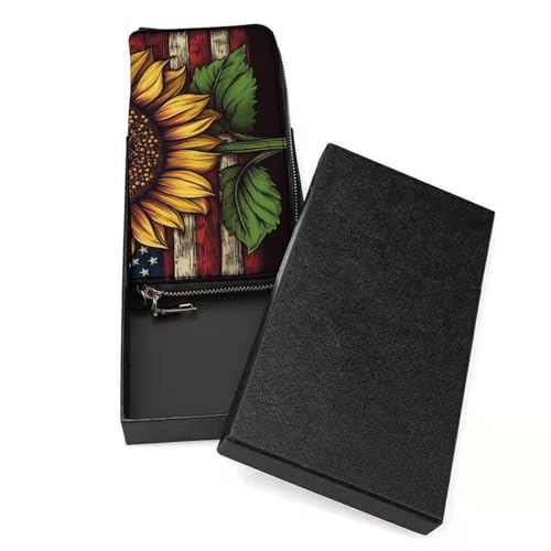 Yellow Sunflower with An American Flag PU Leather Clutch Long Bifold Wallet, Coin Purse Credit Pass Case, Durable Card-Holder Money Storage for Women Men3