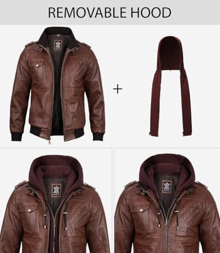 Image of fjackets Men Hooded Leather Jacket - Real Lambskin Men's Bomber Leather Jackets with Detachable Hood Stylish Casual Outerwear