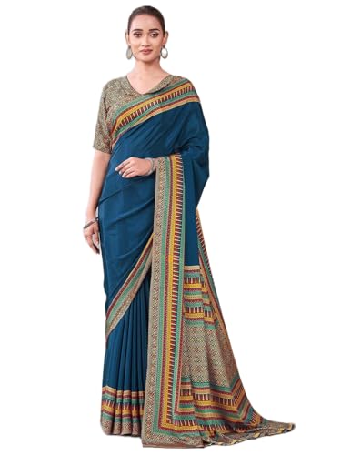 Image of Satrani Women's Crepe Printed Saree with Unstitched Blouse Piece