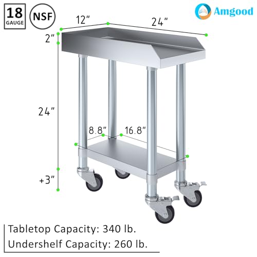 Image of AmGood Stainless Steel Equipment Stand with Undershelf + Casters, Heavy Duty, Commercial Grade, NSF Certified (24 inch Width x 12 inch Length + Casters)