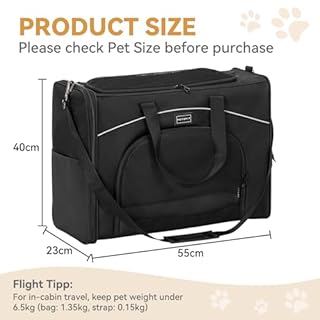 Petsfit Borsa per il trasporto di gatti e cani, aeroplano | borsa per cani e trasportino gatto | borsa aerea per animali domestici | trasporto sicuro in auto, aereo e treno, L/nero