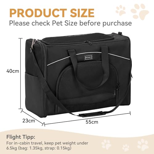 Petsfit Hundetasche Flugzeug 55x40x23 & Flugtasche Hund | Transportbox Katze | Transporttasche Hund Katzen | Sicherer Transport in Auto, Flugzeug und Bahn,mit 2 Platzierung-Methode, L/Schwarz