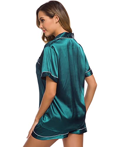 Image of SWOMOG Womens Silk Satin Pajamas Set Short Sleeve Sleepwear Button Down Top and Shorts Loungewear 2 Piece Pjs Set XS-3XL