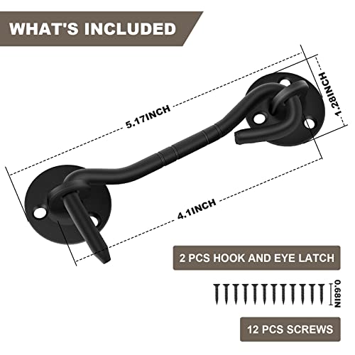 2 Pcs Black Hook And Eye Latch For Door - Premium 4" Door Hook Lock Latch, Updated Rust-Proof Barn Door Latch, Privacy Gate Hook Latch With 12 Pcs Screws For Garage Door, Garden Fence, Balcony & Hall #TOP3