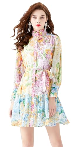 LAI MENG FIVE CATS Women's Floral Print Long Lantern Sleeve Ruffle Casual Button Belted Thin Fabric Mini Dress