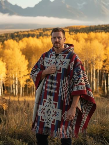 Image of Wool Poncho Adult Ponchos With Hood for men Alpaca Poncho Men Artesanal Ponchos Adult Alpaca Mens Panchos