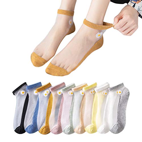 Image of Enfudid 10 Pairs Women Socks Summer Glass Stockings Daisy Translucent Tulle Socks Pearl Mesh Patchwork Socks