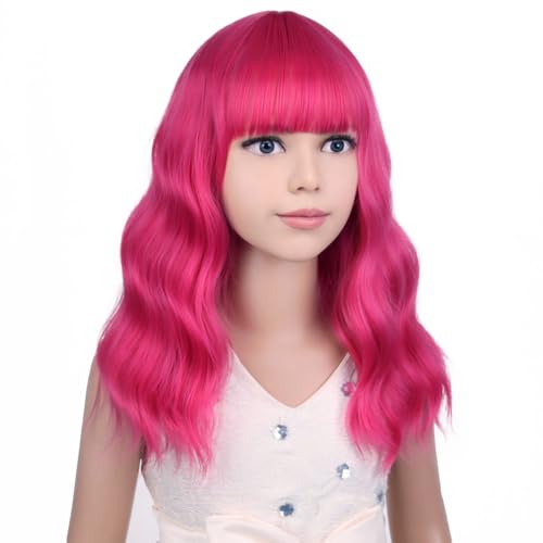 Image of PATTNIUM Hot Pink Wig for Kids Short Wavy Wig Neon Pink Wigs with Bangs Girls Magenta Cosplay Halloween Party Costume Wigs