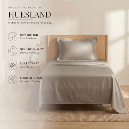 Image of Huesland Premium Pure Cotton Sateen Weave 300 Thread Count Bedsheet for Single Bed with 2 Pillow Covers | Dessert Taupe | 88 x 55 inches