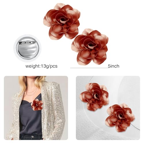 Image of 2Pcs 5in Dainty Satin Fabric Flower Brooch Extra Large Rose Camellia Flower Brooches Lapel Pins for Women Wedding Party Dance Banquet Clothes Jewelry Accessories