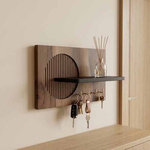 Image of Home Sparkle Wall Mounted Key Holder for Home Entrance with Shelf | Premium MDF Wood Organizer with Paint Finish | Modern Key Hanger Rack with 5 Hooks for Keys & Daily Essentials | Walnut & Black