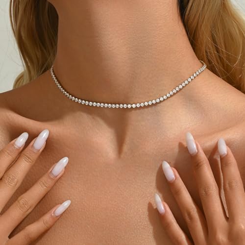 18K Gold Plated 3mm Tennis Necklaces for Women Dainty Simulated Diamond Tennis Choker Chain Layered CZ Flower Pendant Necklace Bridal Jewelry Gift2