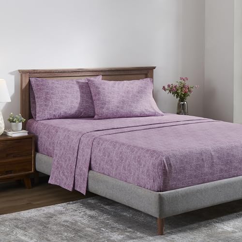 Image of Superior Melange Flannel Cotton Sheet Set, Ultra-Soft Brushed Sheets, Modern, Farmhouse Bedding, Basics, Includes; Flat Sheet, Elastic Deep Pocket Fitted Sheet, Pillowcase, Twin XL, Fig Plum