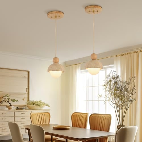 Image of Natural Cave Stone Pendant Lights Kitchen Island Japanese Wabi Sabi Pendant Light Fixture with Wood Ceiling Plate Hanging Lamp for Hallway, Bedroom, Dining Room 3 Packs