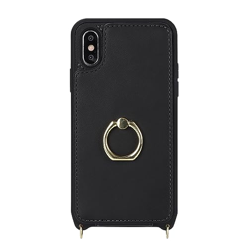 Image of for iPhone Xs Max Case with Card Holder and Strap for Women,Crossbody Lanyard,Kickstand Ring Stand,Snap Clasp,Phone Wallet Cases 6.5 inch(Black)