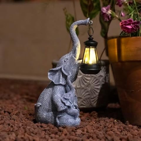 QZVANLON African Elephant Mother and Baby Garden Statue - Resin Mother Elephant Holding Solar Lantern - Outdoor Decoration for Yard, Patio, Lawn - Family Decor Ornament Gift Cover
