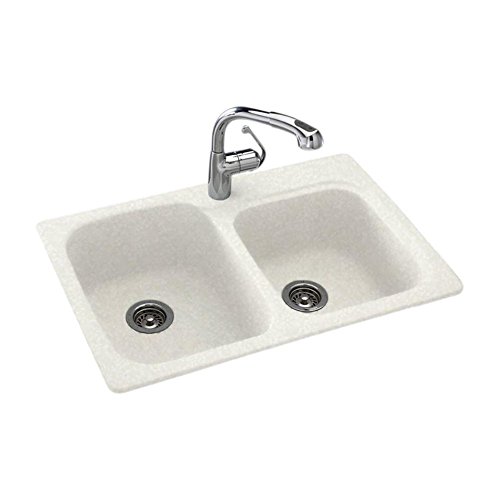 Swanstone KS03322DB.011 Solid Surface 1-Hole Dual Mount Double-Bowl Kitchen Sink, 33-in L X 22-in H X 9-in H, Tahiti White