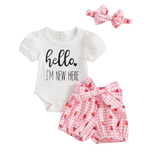 Image of wybzd Hello Im New Here Newborn Outfit Girl Infant Premise Going Home Outfits Ribbed Romper Shorts Set Baby Summer Clothes