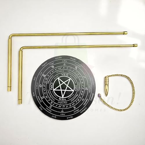 Image of Brass Dowsing Rods Pair for Vastu | 5 mm Diameter | Set with Board & Brass Pendulum (Assorted) | Aura Energy Scanner | Feng Shui | Reiki | Dowsing Rods | L-Rod