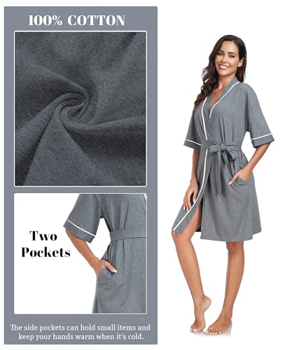Image of ANLIQI Womens 100% Cotton Robes Lightweight Summer Short Sleeve Lady Bathrobe Knee Length Kimono Robe Sleepwear with Pockets