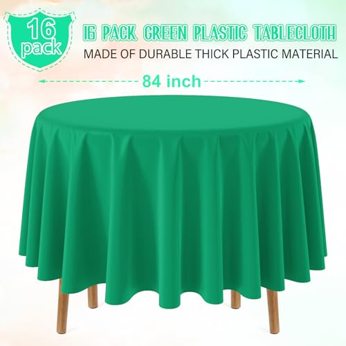 Image of 16 Pack Green Plastic Tablecloth for Round Tables, Premium Decorative Green Disposable Table Cloths for Parties, Round Party Table Cover for Birthday Anniversary Graduation Picnic Party, 84 Inch
