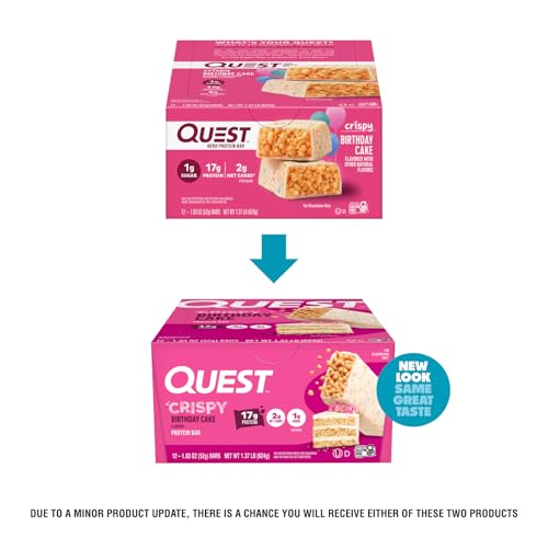Image of Quest Nutrition Crispy Birthday Cake Protein Bar, 17g Protein, 1g Sugar, 2g Net Carbs, Gluten Free Protein Snack, Keto Friendly, 12 Count