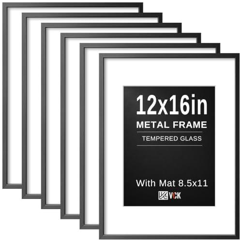 Image of VCK 12x16 Frame Black Metal, Real Glass, 8.5x11 Mat, Set of 6, for Picture
