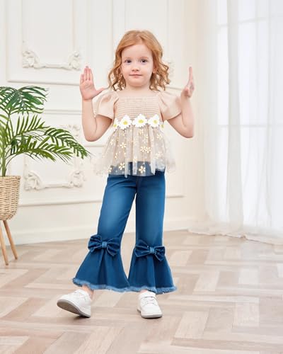 Image of XUANHAO Toddler Girls Clothes Puff Sleeve Smocked Shirt Flare Jeans Pant Outfits for Girl Bell Bottom Kids Girls Clothing Set