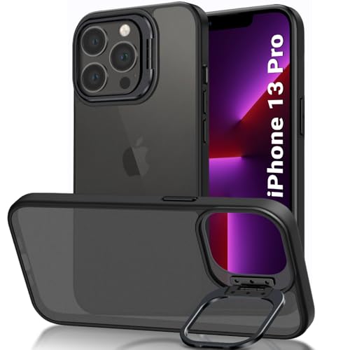 Image of TheGiftKart Hybrid Back Cover Case for iPhone 13 Pro | Built-in Stand | Shockproof Hard Back Case Cover for iPhone 13 Pro (PC & TPU, Frosted Matte Back, Translucent Black Sides)