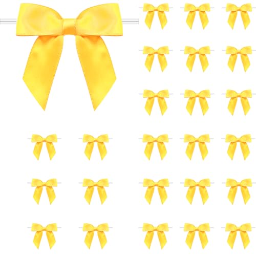 60 Pack Twist Tie Bows 3.3 Craft Bows Satin Ribbon Bow for Gift Wrapping Treat Bags Party Favors & Craft Decoration Yellow