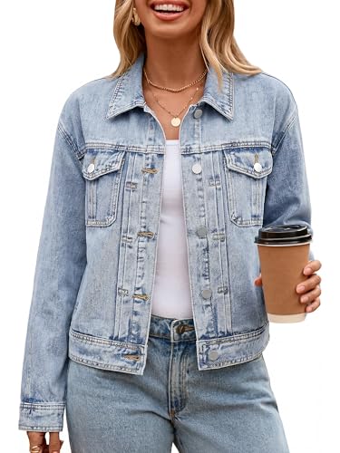 Image of Glamaker Womens Jean Jacket 2026 Casual Basic Trendy Button Down Long Sleeve denim Jacket Coat With Pockets