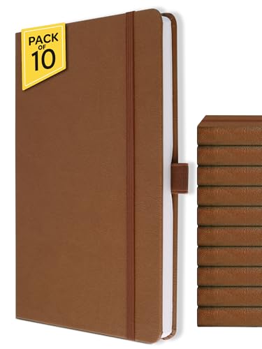 Image of DOODLE Pack of 10 A5 Executive PU Leather Hardbound Notebooks - 160 Ruled Pages Each, 80 GSM | Pen Loop, Ribbon Bookmark, Elastic Band | Professional Office Diary for Men & Women - Brown