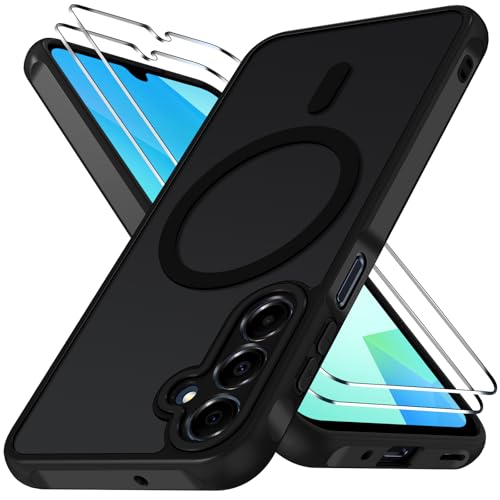 ivoler für Samsung Galaxy A16 4G / 5G Hülle 1 Magnetisch Handyhülle mit 2 Stück Panzer Schutz Glas [Kompatibel mit MagSafe] [Militärnorm Sturzschutz] Stoßfest Schutzhülle Silikon Case Matt Schwarz