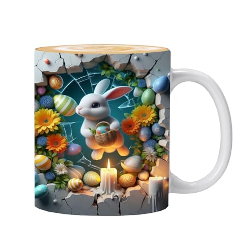 Obesntln Tazas de café de Pascua, taza de café de Pascua,Huevos coloridos impresos planos taza de café de café de café - 350 ml de latte taza, lindo diseño de conejo caricaton
