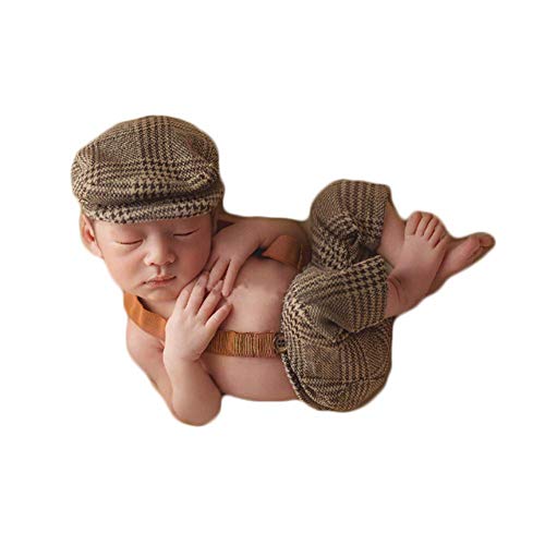 Matissa Cool Baby Newborn Baby Photography Props Checkered Romper & Cap Outfit (Brown)