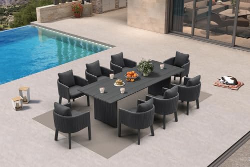 Image of PURPLE LEAF Outdoor Dining Set 9 PC Aluminum with Olifen Wicker Chair Grey