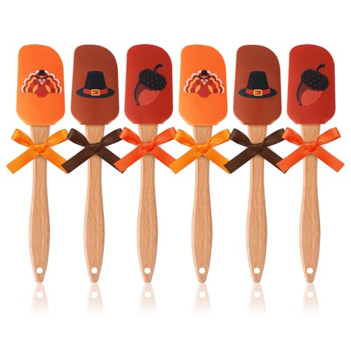 6 Pcs Thanksgiving Silicone Spatula Turkey Hat Chestnuts Pattern Holiday Spatulas Heat Resistant Spatula with Wooden Handle Thanksgiving Silicone Scraper with Ribbon Bows for Thanksgiving Party Gifts