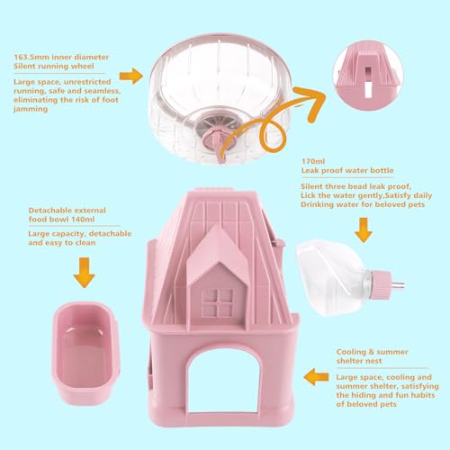 Image of 4 in 1 Silent Large Hamster Wheel Multifunctional Hamster Running Wheel Quite Running Spinner Wheel Accessories with Food Bowl Water Bottle for Hamsters Dwarf Gerbil (Pink)