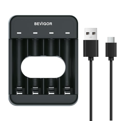 BEVIGOR 4 Bays AA AAA Battery Charger, USB High-Speed Charging, Independent Slot, for Ni-MH Ni-CD...