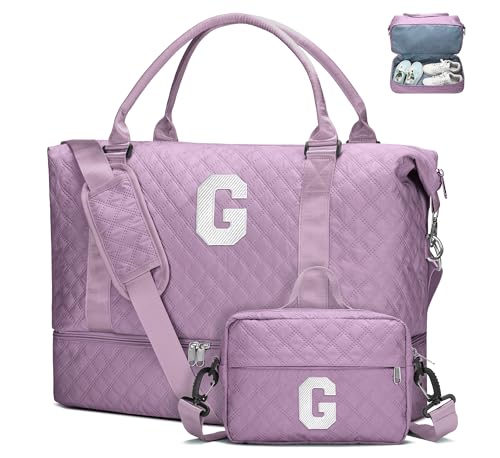 WOOMADA Initial Duffle Bag with Shoe Compartment,Personalized Weekender Bag, Overnight Bag for Women Girls, Gym Bag with Toiletry Bag