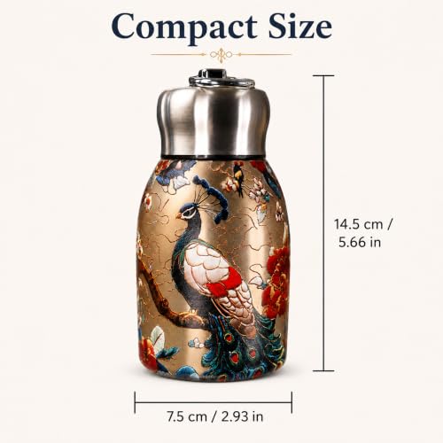 Image of Mini Stainless Steel Insulated Water Bottle 300 ml, Double Wall Vacuum Thermal Flask, Leak-Proof Travel Bottle with Peacock Print Design, Portable Hot & Cold Drink Bottle, Pack of 1