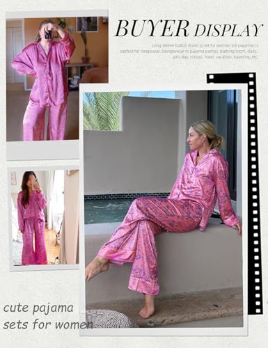 Image of Arssm Satin Pajama Set for Women Silk Pajamas Set 2 Piece Floral Pj Set Long Sleeve Button Down Pjs Sleepwear